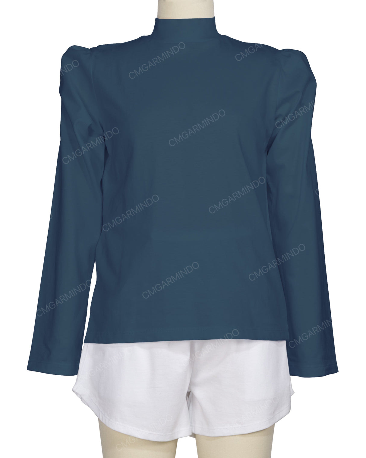 Long Sleeve High Neck Puff Shoulder Top