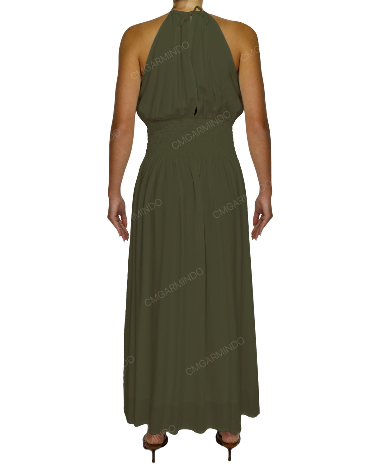 Halter Tie Shirred Waist Maxi Dress