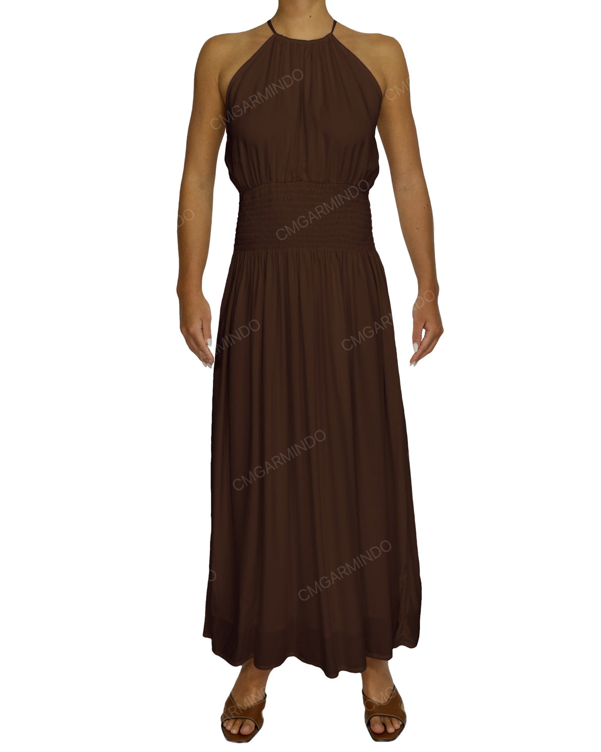 Halter Tie Shirred Waist Maxi Dress