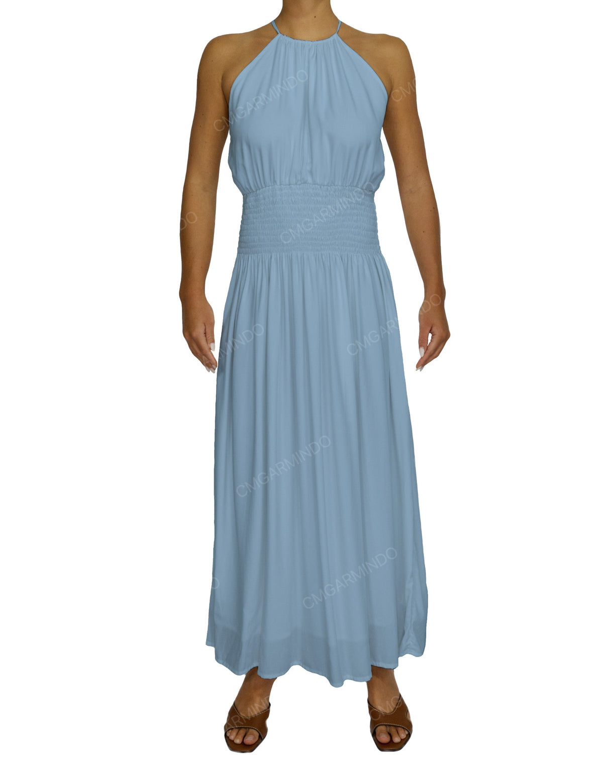 Halter Tie Shirred Waist Maxi Dress