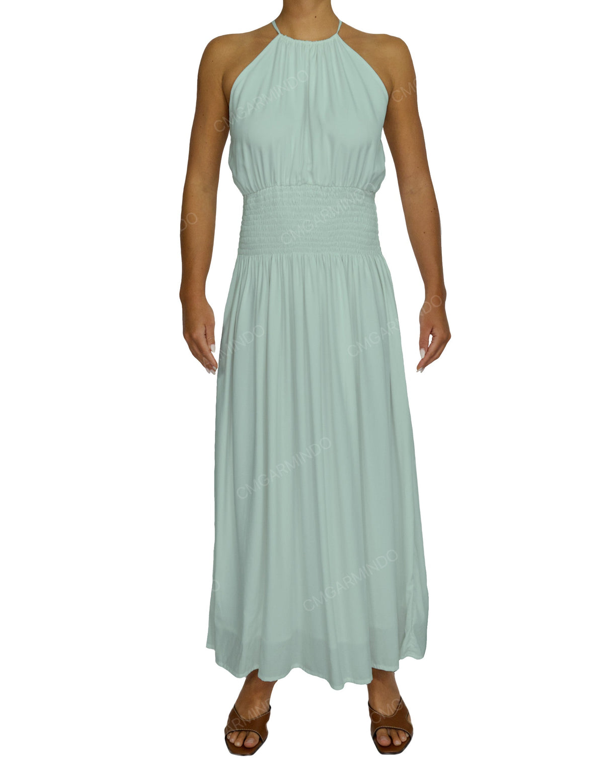 Halter Tie Shirred Waist Maxi Dress