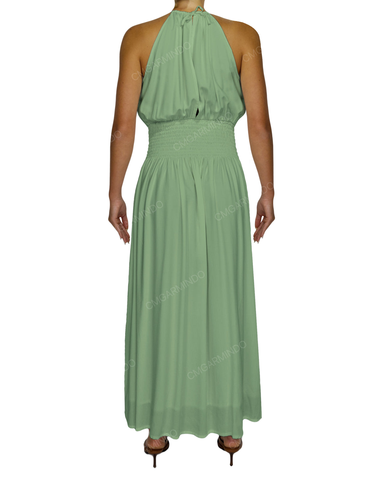 Halter Tie Shirred Waist Maxi Dress