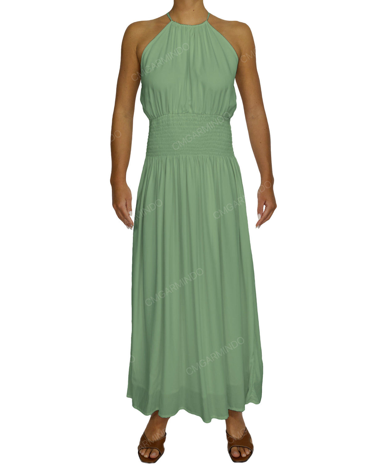 Halter Tie Shirred Waist Maxi Dress