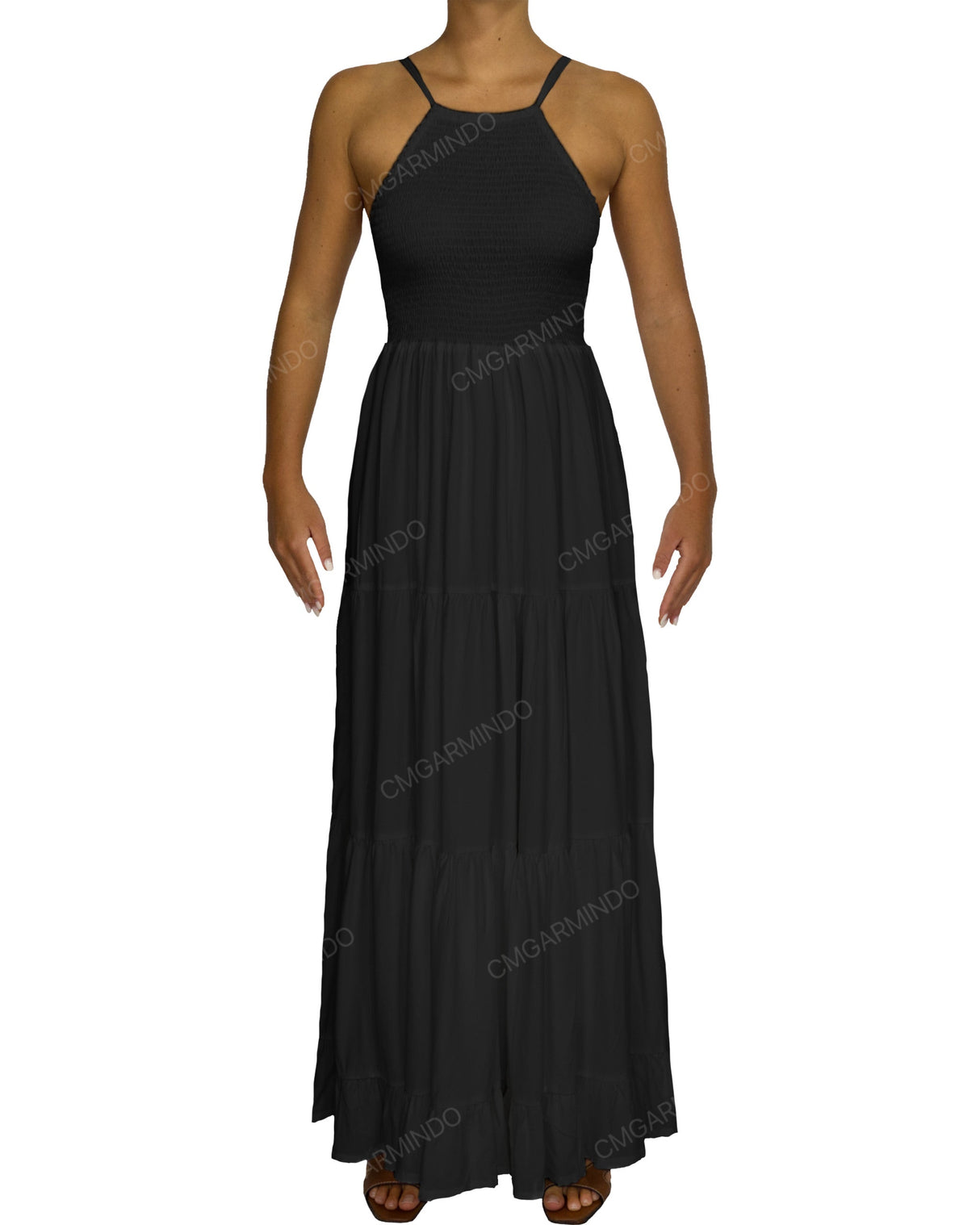 Shirred Halter Tie Tiered Maxi Dress