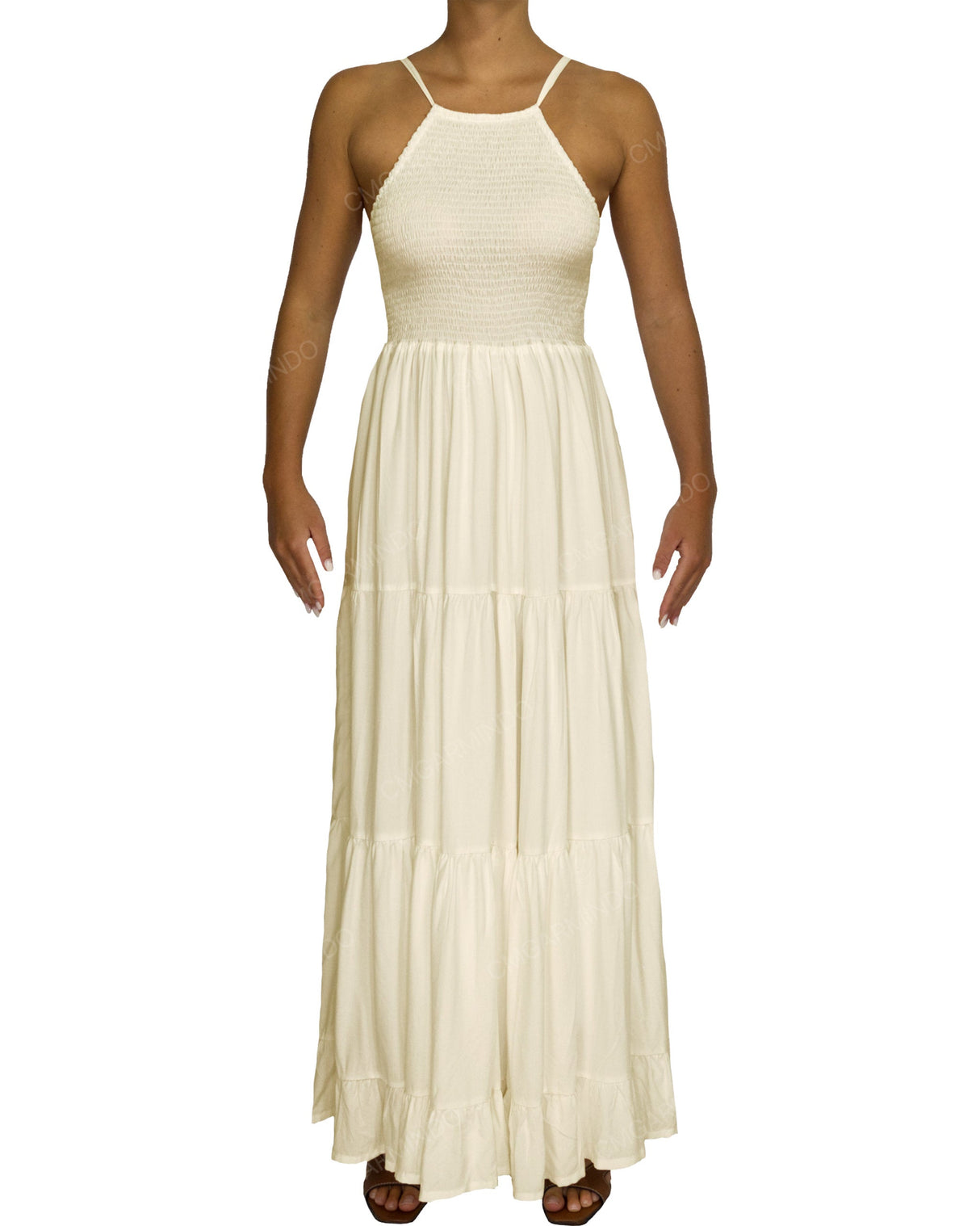 Shirred Halter Tie Tiered Maxi Dress