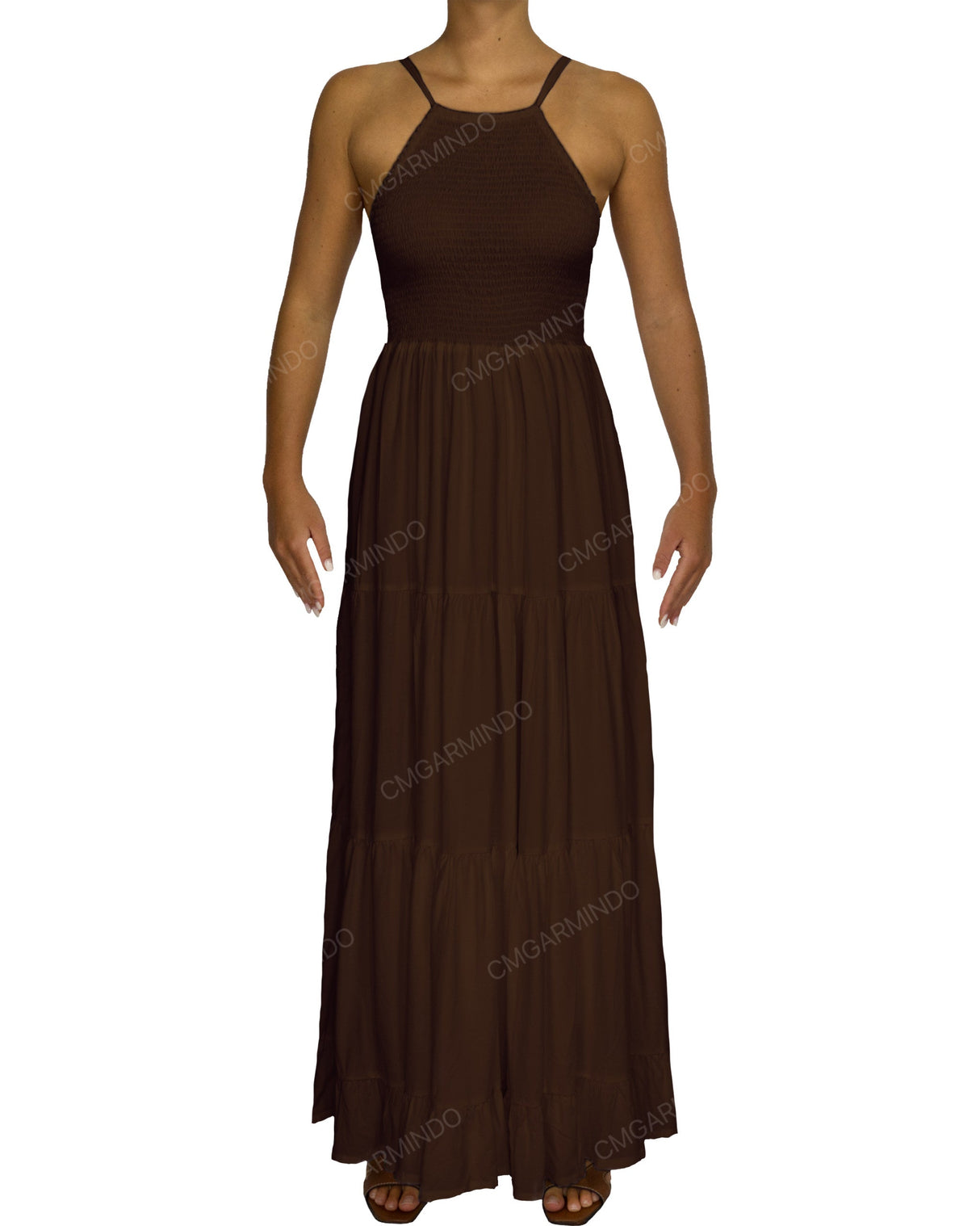 Shirred Halter Tie Tiered Maxi Dress