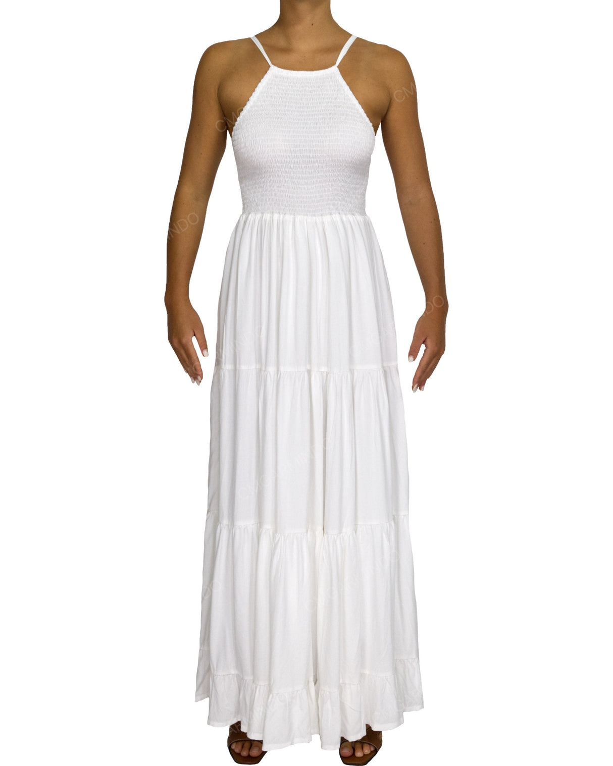 Shirred Halter Tie Tiered Maxi Dress