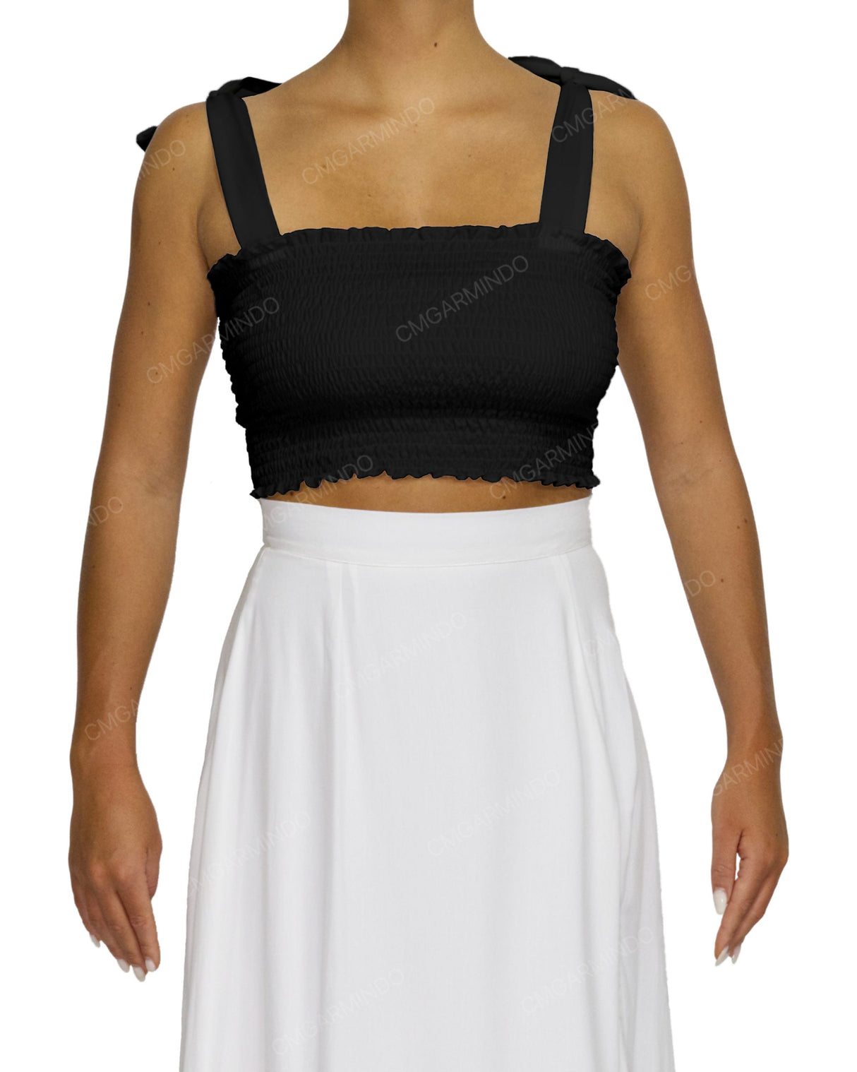 Shirred Shoulder Tie Crop Top