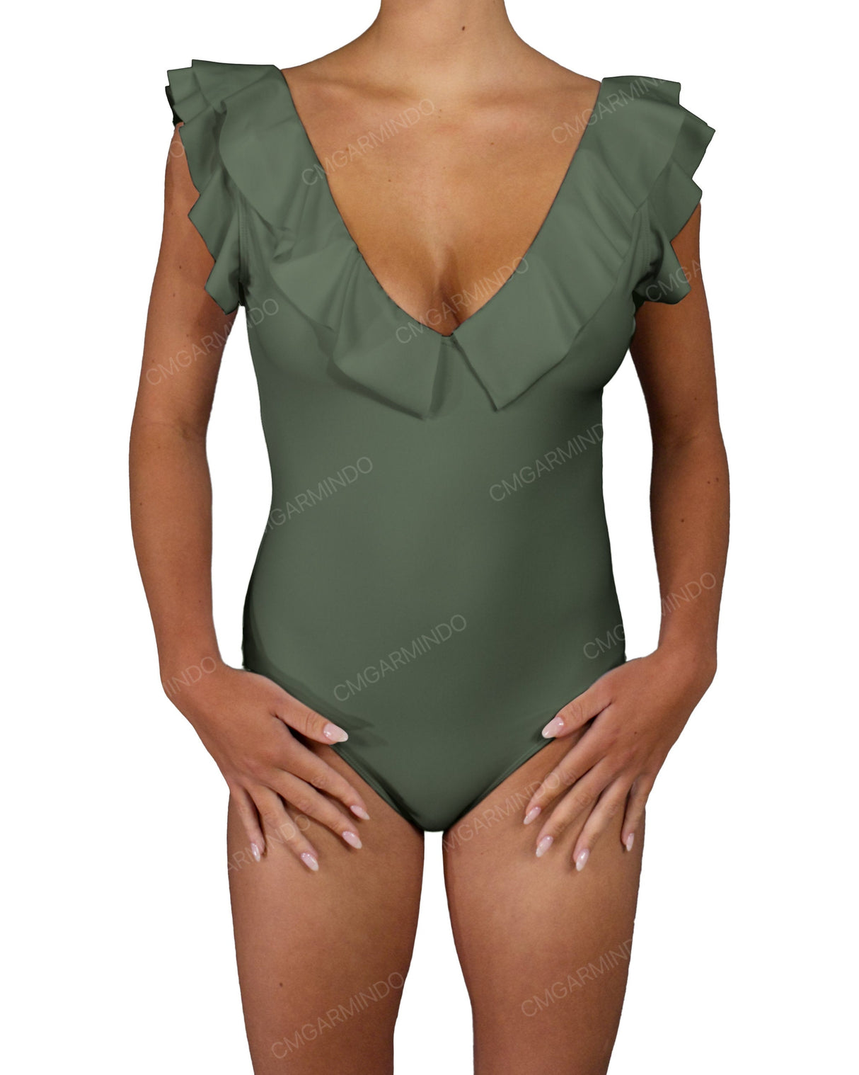 V-Neck Ruffle Trim One Piece