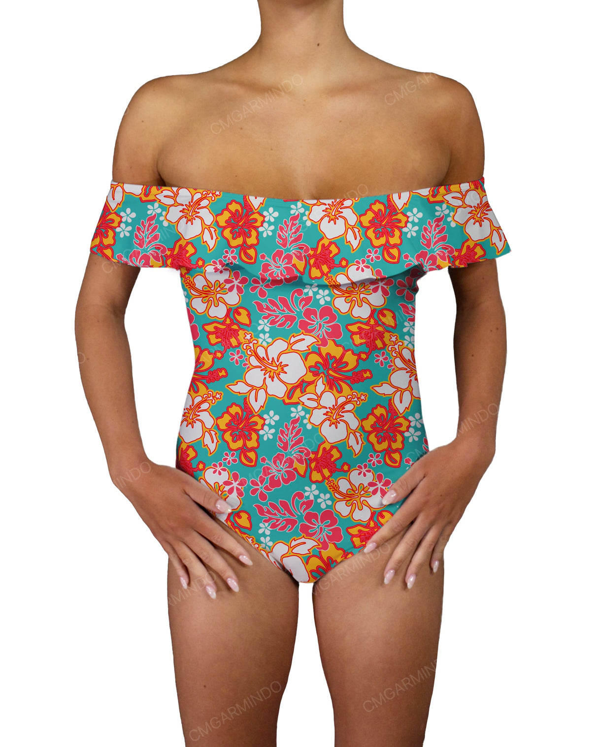 Off Shoulder Ruffle Trim One Piece