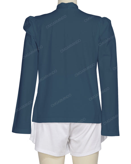 Long Sleeve High Neck Puff Shoulder Top