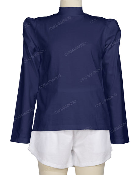 Long Sleeve High Neck Puff Shoulder Top