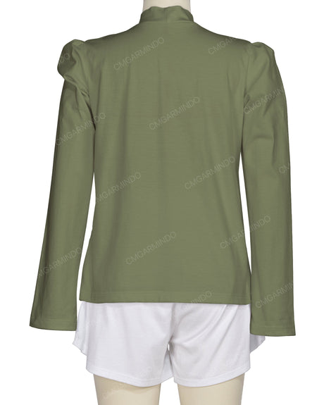 Long Sleeve High Neck Puff Shoulder Top