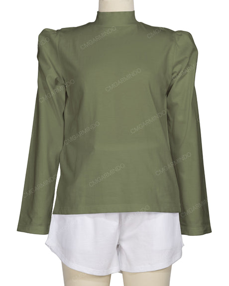 Long Sleeve High Neck Puff Shoulder Top