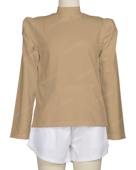 Long Sleeve High Neck Puff Shoulder Top