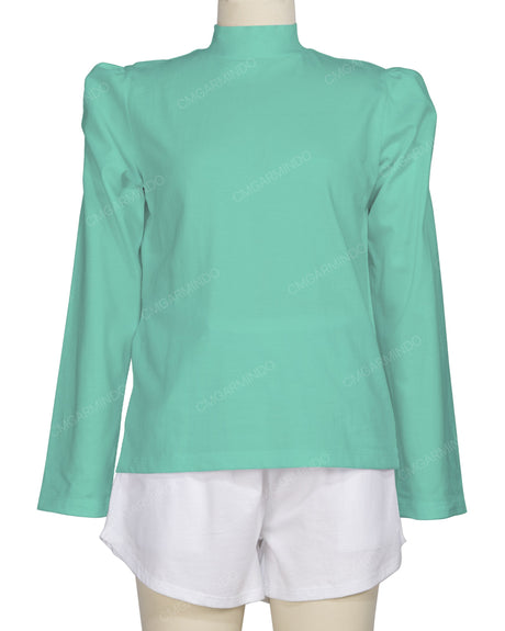Long Sleeve High Neck Puff Shoulder Top