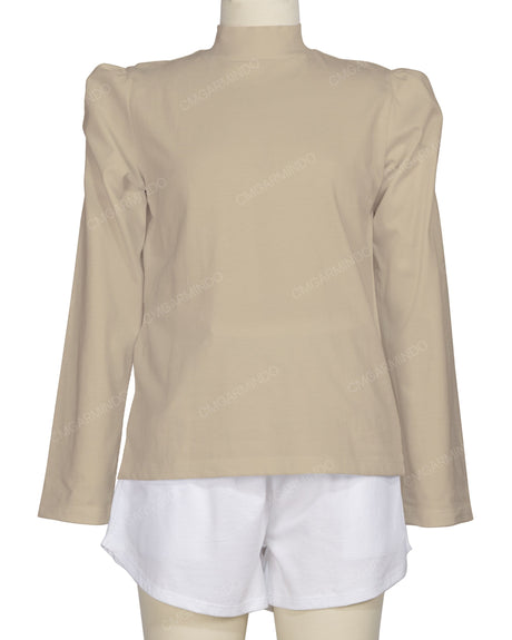 Long Sleeve High Neck Puff Shoulder Top