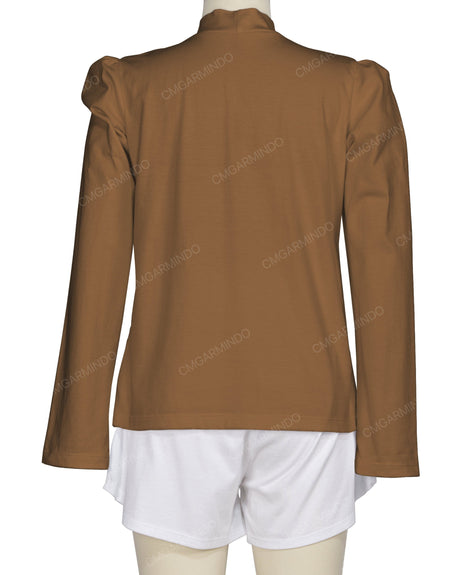 Long Sleeve High Neck Puff Shoulder Top