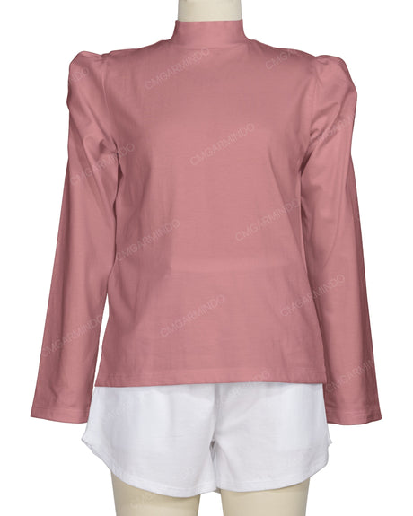 Long Sleeve High Neck Puff Shoulder Top