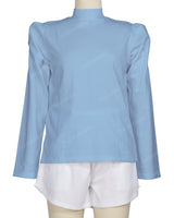 Long Sleeve High Neck Puff Shoulder Top