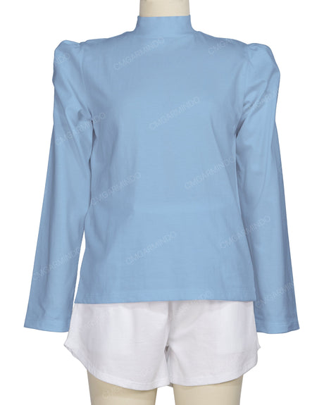 Long Sleeve High Neck Puff Shoulder Top