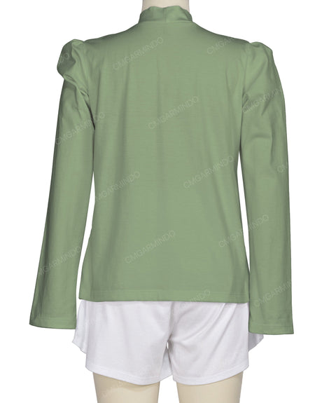 Long Sleeve High Neck Puff Shoulder Top