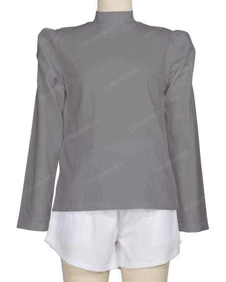 Long Sleeve High Neck Puff Shoulder Top