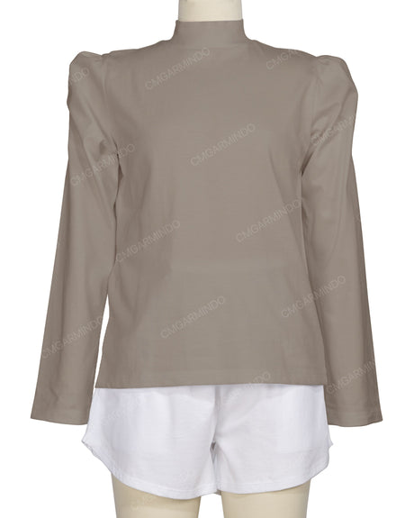 Long Sleeve High Neck Puff Shoulder Top