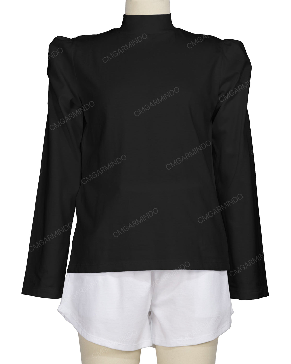 Long Sleeve High Neck Puff Shoulder Top