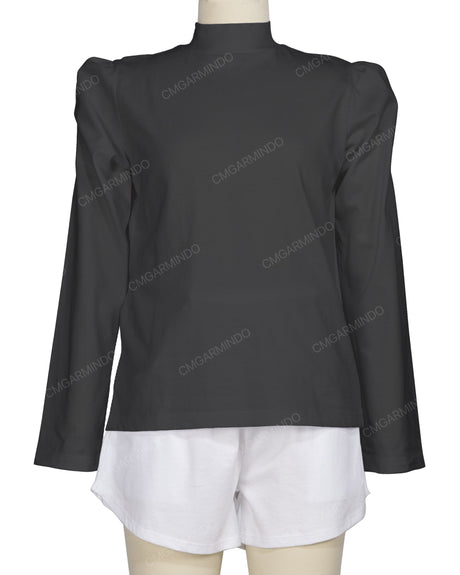 Long Sleeve High Neck Puff Shoulder Top