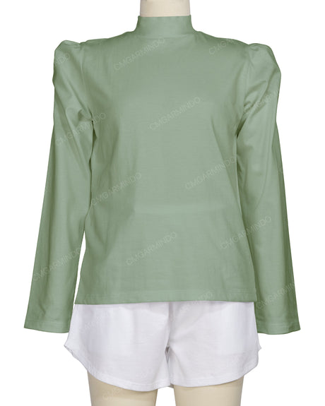 Long Sleeve High Neck Puff Shoulder Top