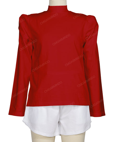Long Sleeve High Neck Puff Shoulder Top