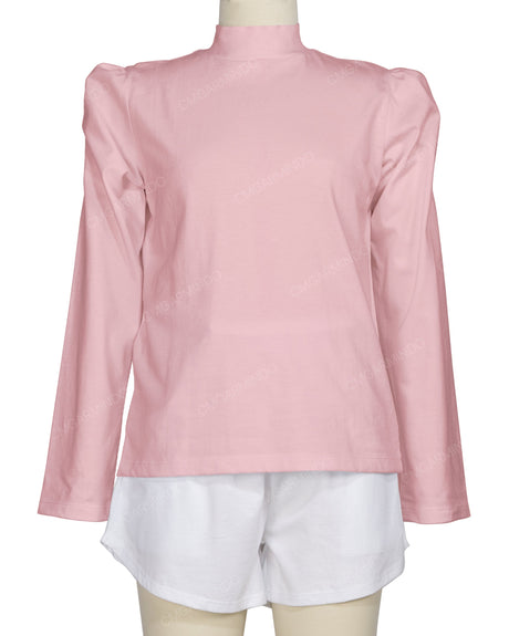 Long Sleeve High Neck Puff Shoulder Top