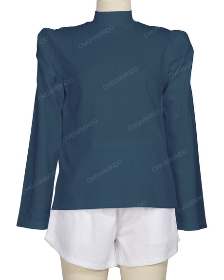 Long Sleeve High Neck Puff Shoulder Top