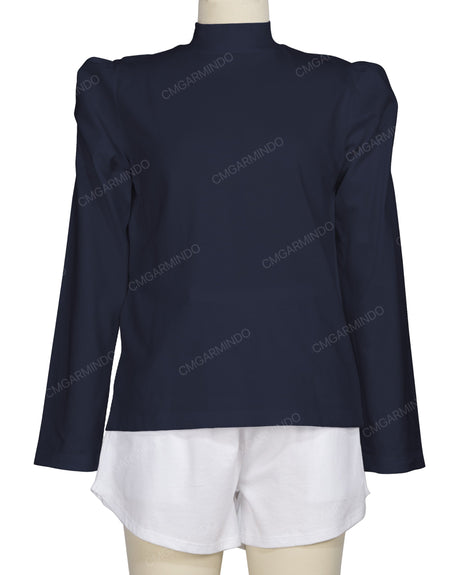 Long Sleeve High Neck Puff Shoulder Top