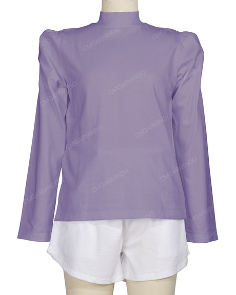 Long Sleeve High Neck Puff Shoulder Top