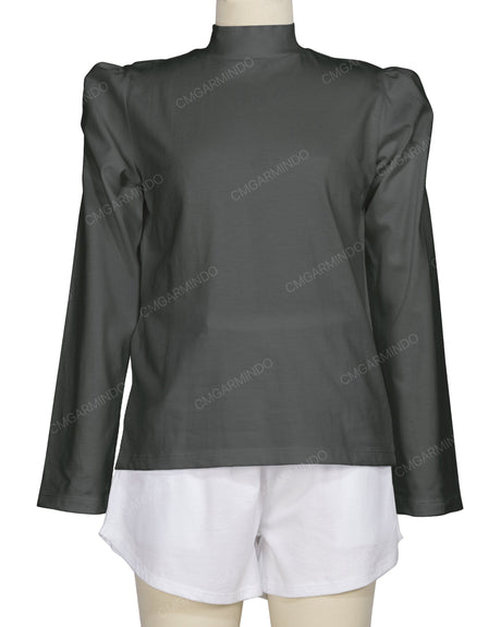 Long Sleeve High Neck Puff Shoulder Top