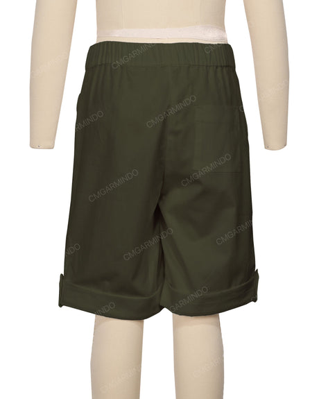 Button Cuffed Elastic Waist Shorts