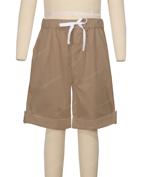 Button Cuffed Elastic Waist Shorts