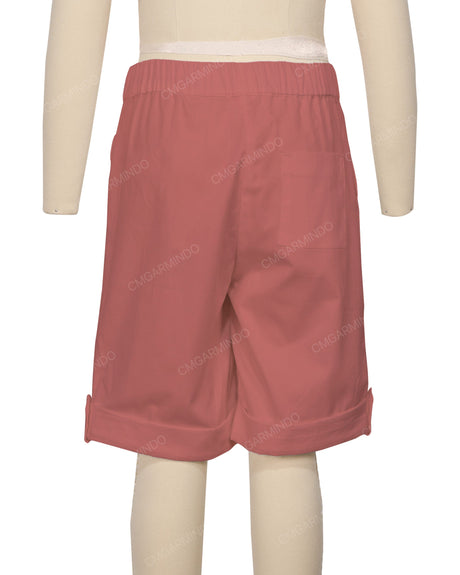 Button Cuffed Elastic Waist Shorts