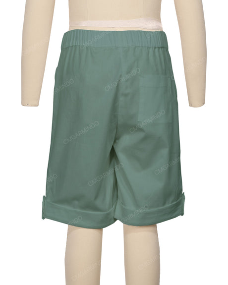 Button Cuffed Elastic Waist Shorts
