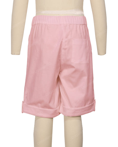 Button Cuffed Elastic Waist Shorts