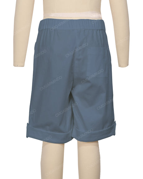Button Cuffed Elastic Waist Shorts