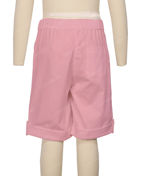 Button Cuffed Elastic Waist Shorts