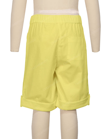 Button Cuffed Elastic Waist Shorts