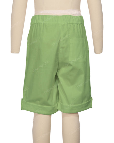 Button Cuffed Elastic Waist Shorts