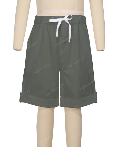 Button Cuffed Elastic Waist Shorts
