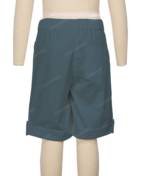 Button Cuffed Elastic Waist Shorts
