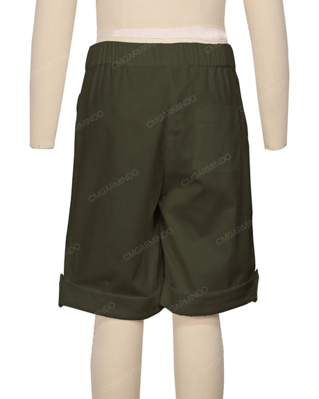 Button Cuffed Elastic Waist Shorts