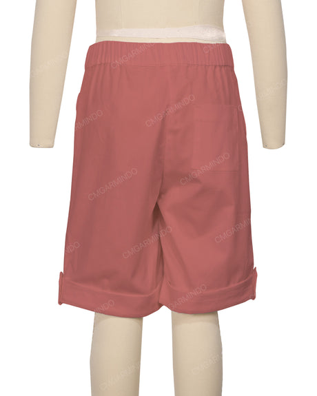 Button Cuffed Elastic Waist Shorts